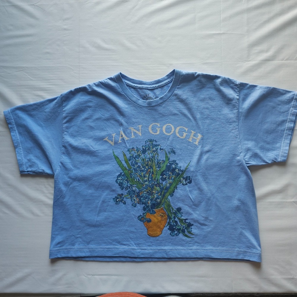 Van Gogh Flowers Graphic T-Shirt Blue Size X Large Relaxed Fit Short Sleeve - Picture 2 of 10